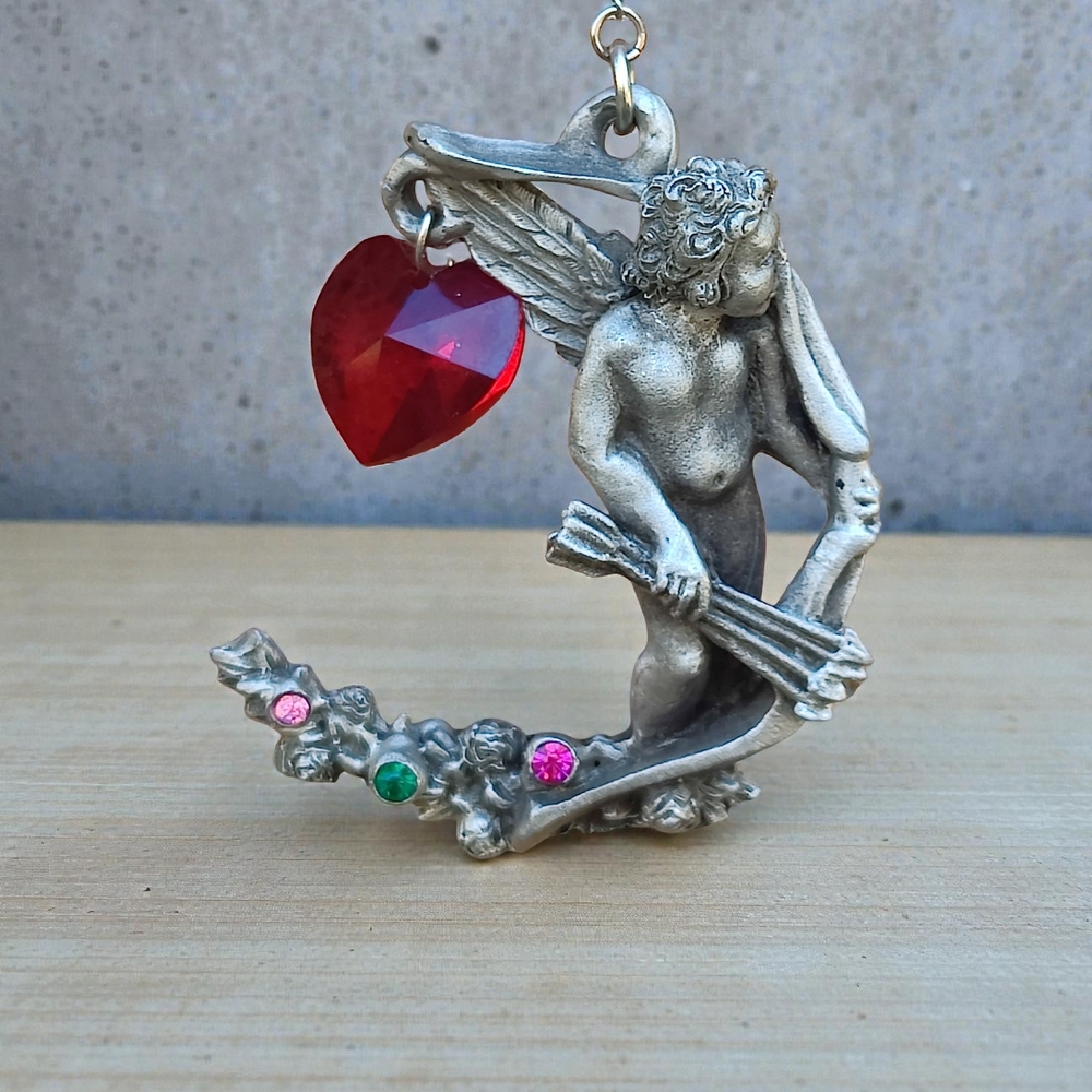 Vintage pewter Cherub Necklace with Red Heart Crystal